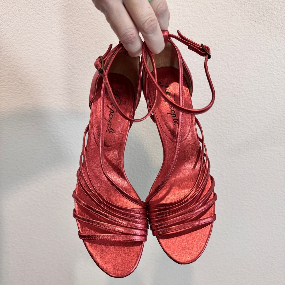 Free People Disco Fever Metallic Red Strappy Stiletto Heels Size 38 US 7.5 Party - Picture 2 of 12